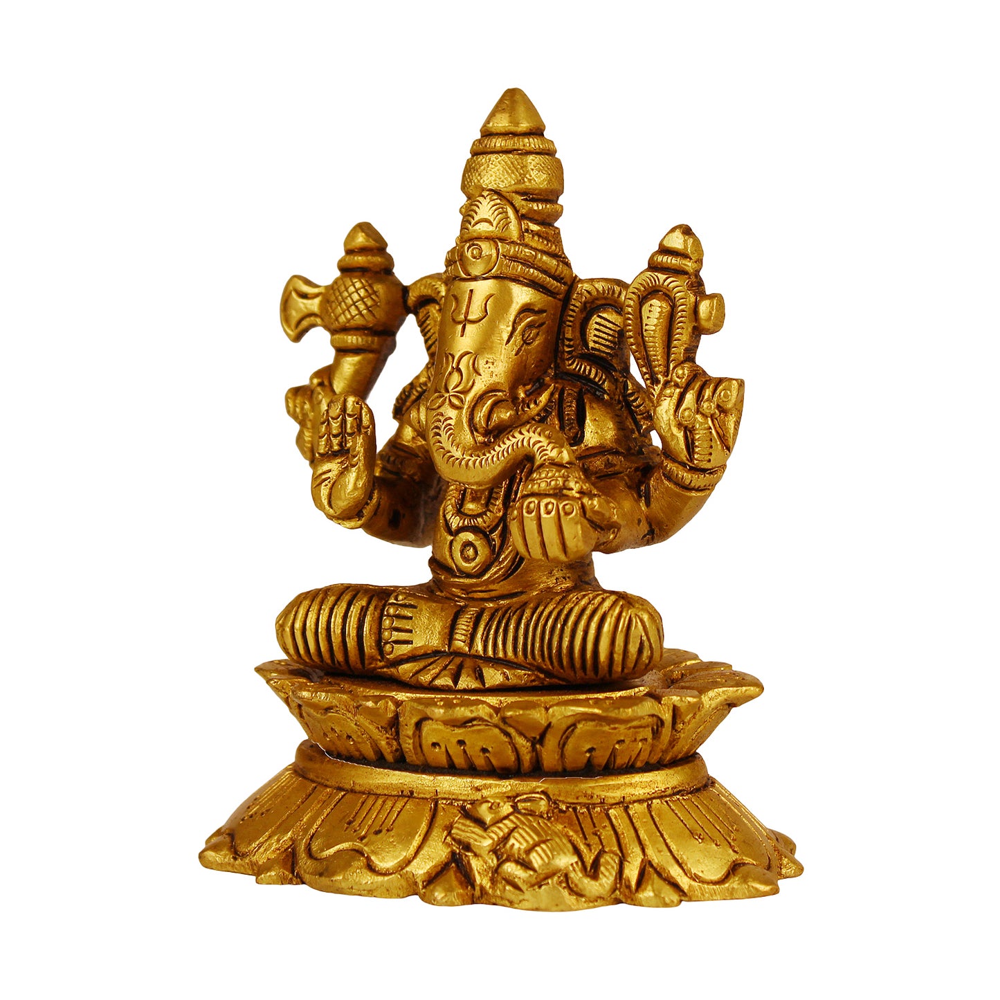 Brass Sitting Ganesha Idol In Gold Color Height 5 Inch Weight 0.37 Kg