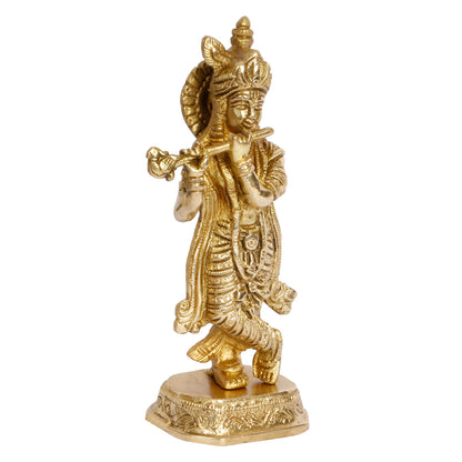 Brass Krishna Idol on Round Base in Gold Color Height 7-Inch