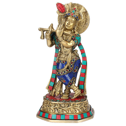 Brass Krishna Bhagwan Murti in Multicolor Height 10 Inch