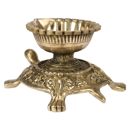 Brass Large Size Diya Deepak: Ideal for Puja Room, featuring a Tortoise (Kachua) Statue