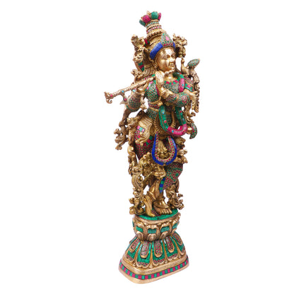 Brass Krishna Standing Murti in Multicolor Height 29 Inch