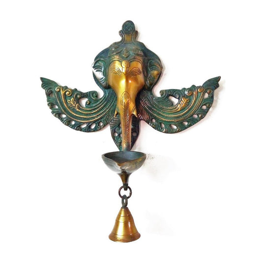 Brass Ganesha Wall Hanging with Diya & Bell: Ideal for Diwali, Home Dcor & Festive Gifts.