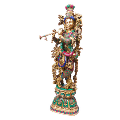 Brass Krishna Standing Murti in Multicolor Height 29 Inch