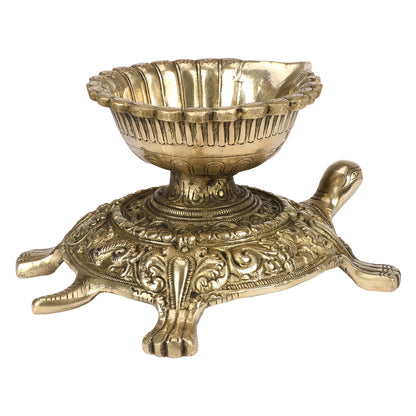 Brass Large Size Diya Deepak: Ideal for Puja Room, featuring a Tortoise (Kachua) Statue