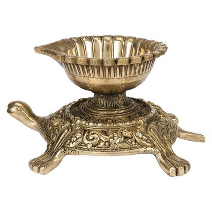 Brass Large Size Diya Deepak: Ideal for Puja Room, featuring a Tortoise (Kachua) Statue