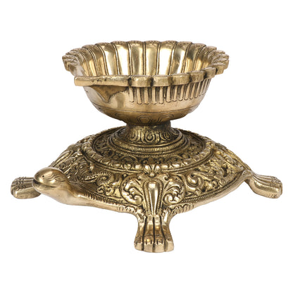 Brass Large Size Diya Deepak: Ideal for Puja Room, featuring a Tortoise (Kachua) Statue