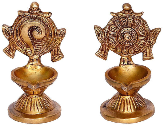 Brass Shankha-Chakra Diya Set: Home Temple Aarti Deepam, Puja Jyot, Table Mandir