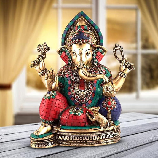 Brass Ganesha Idol for Home Decoration Ganpati Statue Murti for Gift Height 13 Inch Weight 7.5 Kg Color Multicolor