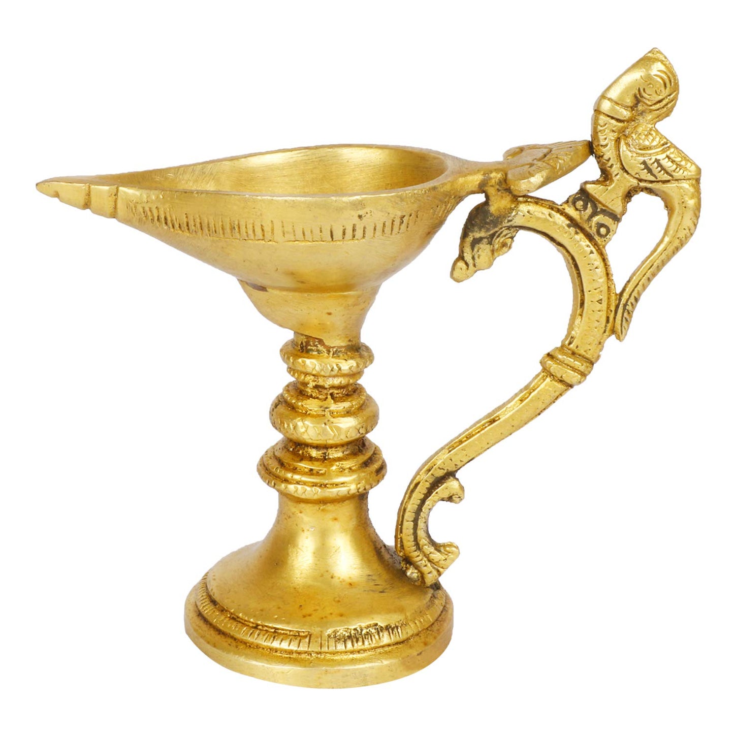 5.5 Inch Gold Color Brass Peacock Diya with Round Base: For Temple Aarti, Camphor Burn & Table Mandir Handheld.