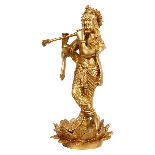 Brass Krishna Murti on Lotus in Gold Color Height 11 Inch