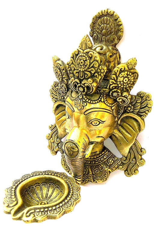 Brass Ganesha Idol with Lamp on Trunk: For Diwali, Home Decor & Wall Gifts.