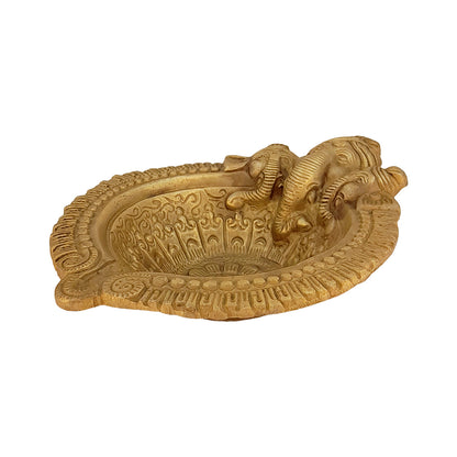 6 Inch Gold Color Brass Ganesha Face Diya: Ideal for Home Temple Aarti, Camphor Burning, and Table Mandir