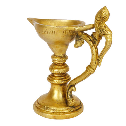 5.5 Inch Gold Color Brass Peacock Diya with Round Base: For Temple Aarti, Camphor Burn & Table Mandir Handheld.