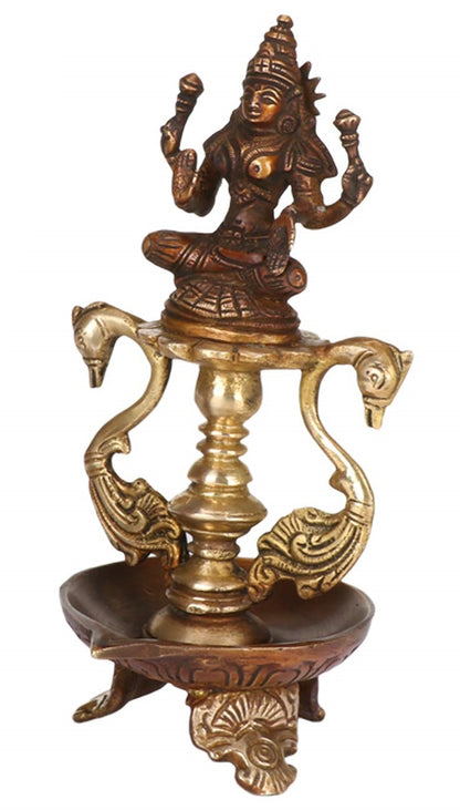 8 Inch Gold Color Brass Laxmi Diya Oil Lamp: Perfect for Temple Aarti, Deepak Pooja, and Jyot Lighting