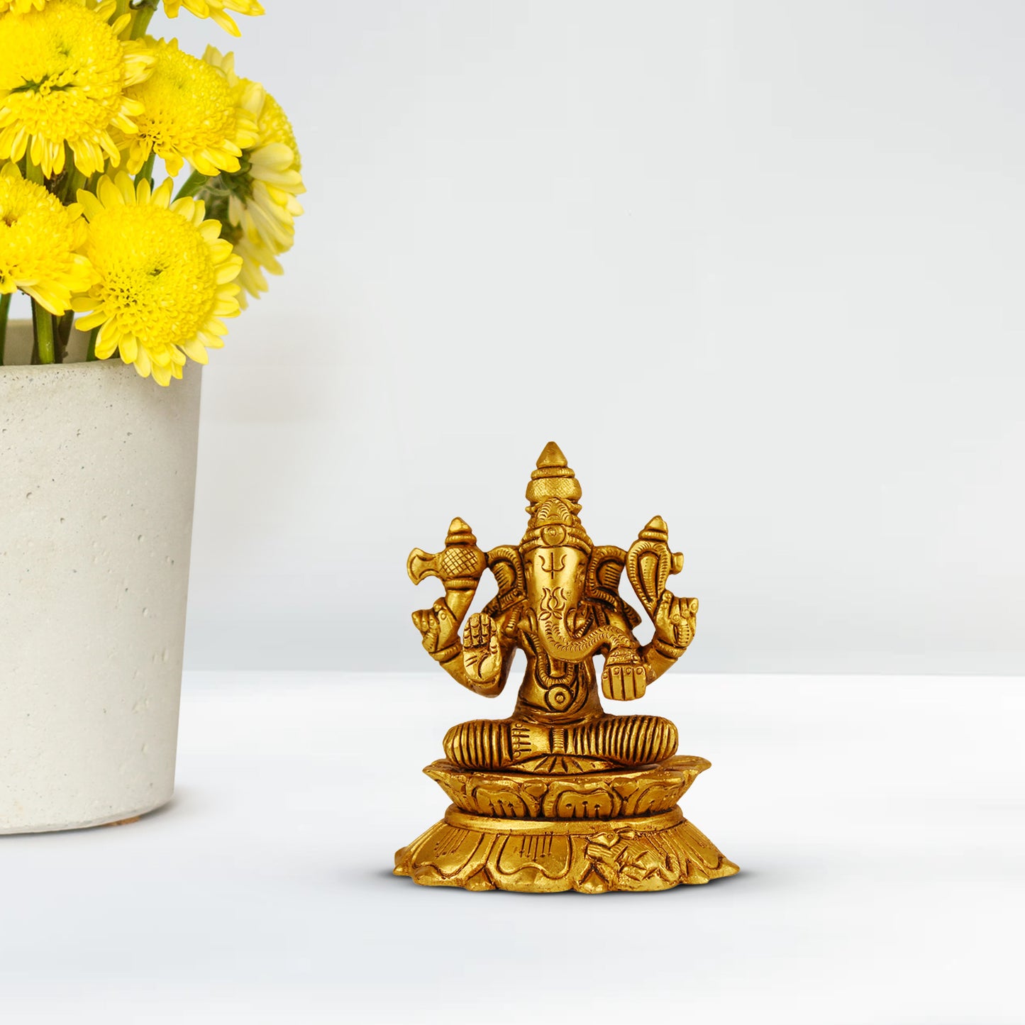 Brass Sitting Ganesha Idol In Gold Color Height 5 Inch Weight 0.37 Kg