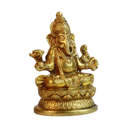 Brass Sitting Ganesha Idol In Gold Color Height 3 Inch Weight 0.425 Kg