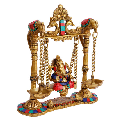 Brass Jhula Ganesha Idol In Multicolor Height 8 Inch Weight 2.2 Kg