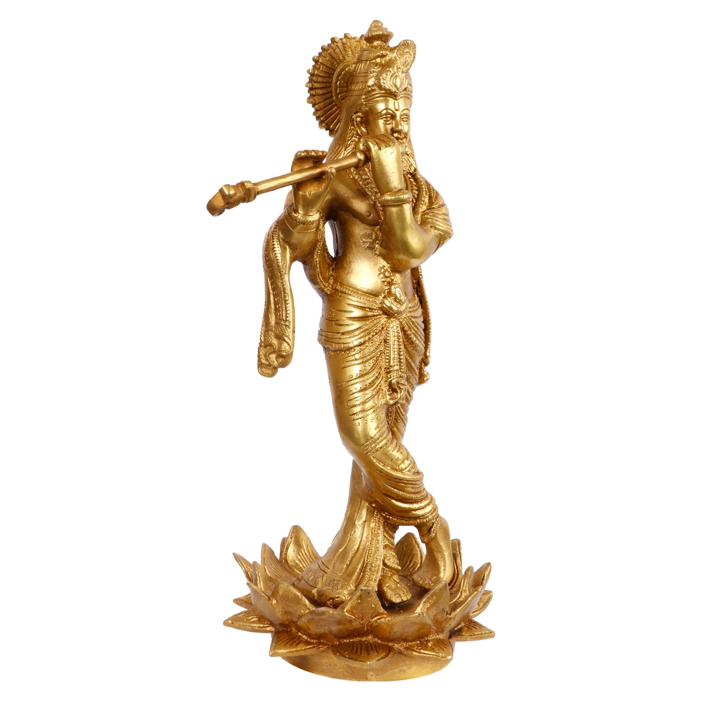 Brass Krishna Murti on Lotus in Gold Color Height 11 Inch