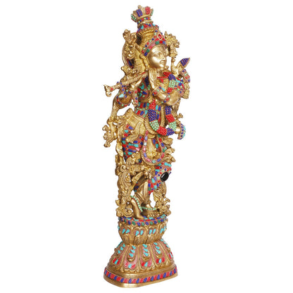 Brass Krishna Bhagwan Murti playing Flute in Multicolor Height 29 Inch