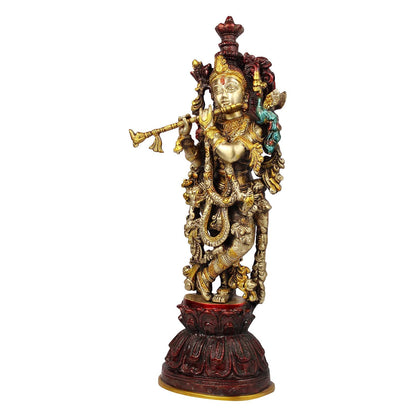 Brass Krishna Murti in Antique Gold Color Height 21 Inch