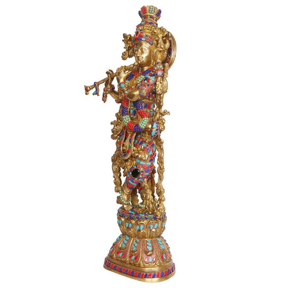 Brass Krishna Bhagwan Murti playing Flute in Multicolor Height 29 Inch