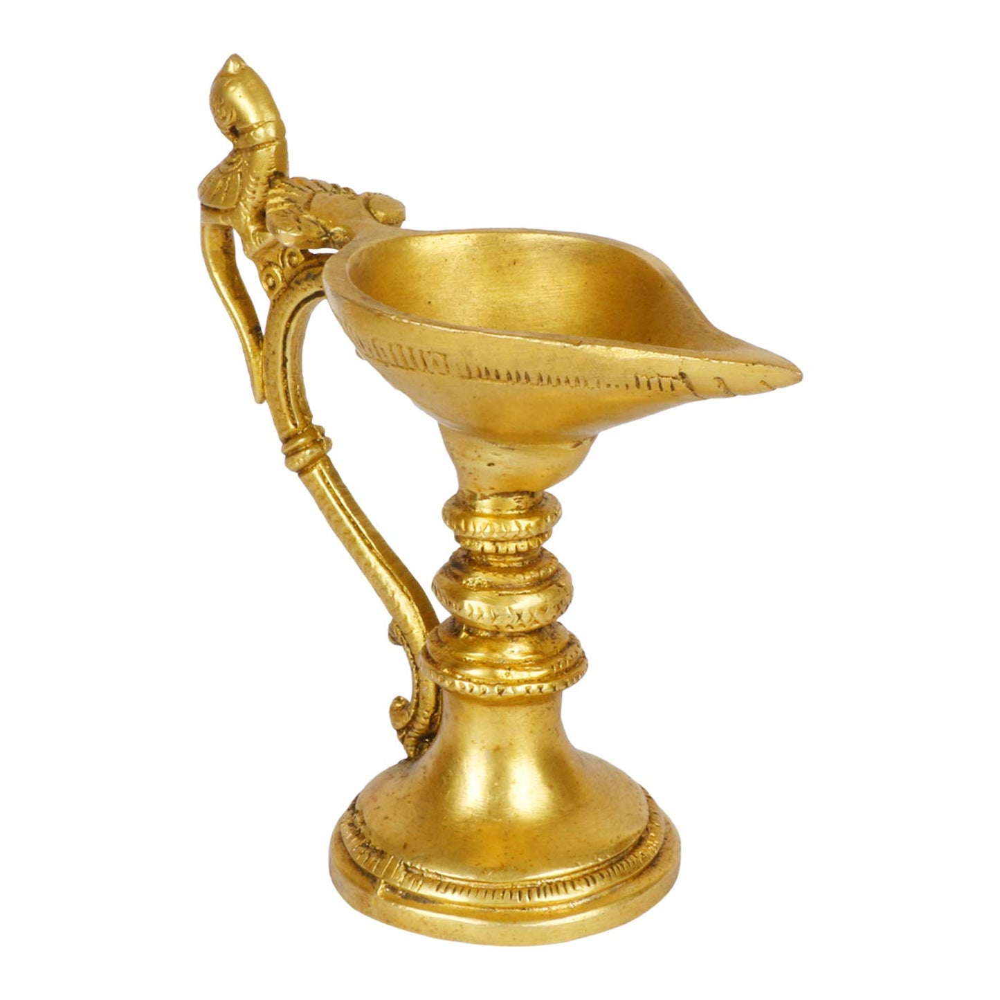 5.5 Inch Gold Color Brass Peacock Diya with Round Base: For Temple Aarti, Camphor Burn & Table Mandir Handheld.