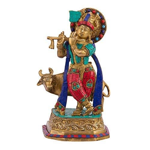 Brass Shri Krishna Idol with Cow Kishan Bhagwan Murti Lord Krishna Cow Statue with Flute Big Size Height 9.7 Inch