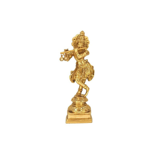 Brass Krishna Murti Playing Flute in Gold Color Height 6 Inch