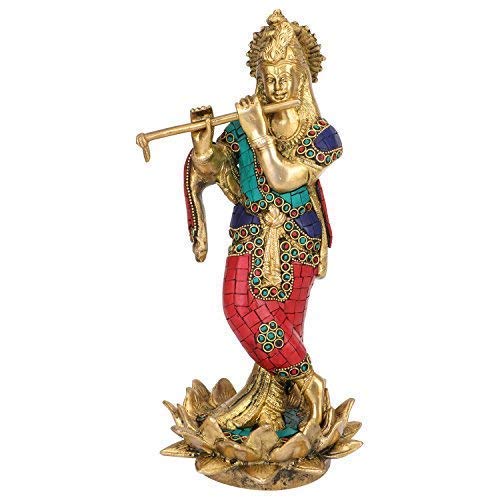 Brass Krishna Bhagwan Idol Murli Kishan Playing Bansuri Standing on Lotus For Gift Home Decor Height 11 Inch