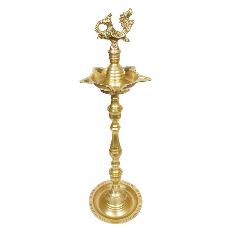 Brass Peacock Puja Lamp with Multi Slot: Traditional Kuthuvilakku (Kuthu Vilakku) Ornamental Lamp