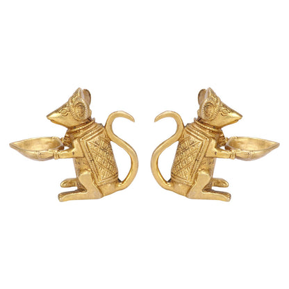 Brass Ganesha Rat Diya Oil Lamp Pair: Home Decor, Vastu Gift, Diwali Puja