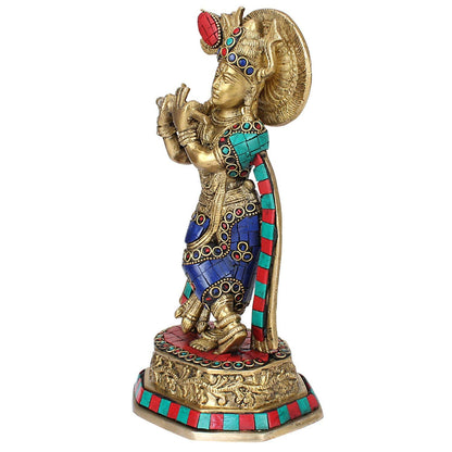 Brass Krishna Bhagwan Murti in Multicolor Height 10 Inch