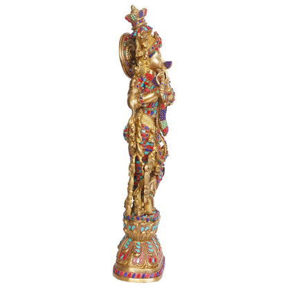 Brass Krishna Bhagwan Murti playing Flute in Multicolor Height 29 Inch