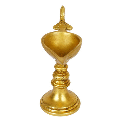 5.5 Inch Gold Color Brass Peacock Diya with Round Base: For Temple Aarti, Camphor Burn & Table Mandir Handheld.