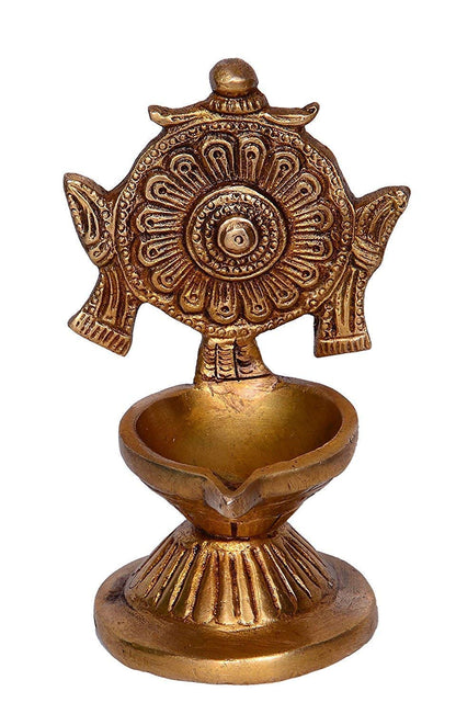 Brass Shankha-Chakra Diya Set: Home Temple Aarti Deepam, Puja Jyot, Table Mandir