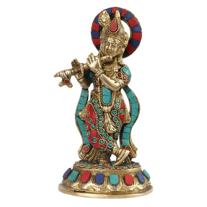 SVARUP Brass Gemstone Work Krishna Playing on Flute Sculpture Multicolor Standard, Pack of 1 Height 8.5 Inch