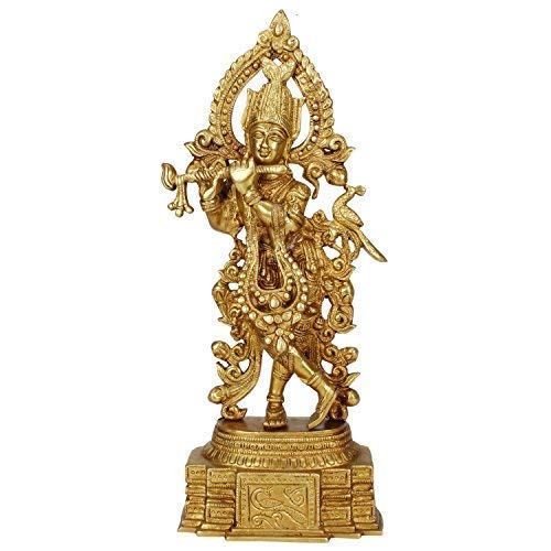 Brass Krishna Bhagwan Idol Murli Kishan Murti Playing Bansuri Gift for Home Mandir Decor Marriage Height 13.7 Inch