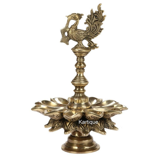 Brass Multi Diya Table Stand Diya With Peacock Perched on Central Pillar Deepam for Home Entrance Decor