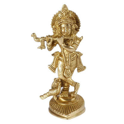 Brass Krishna Murti with Peacock in Gold Color Height 6 Inch