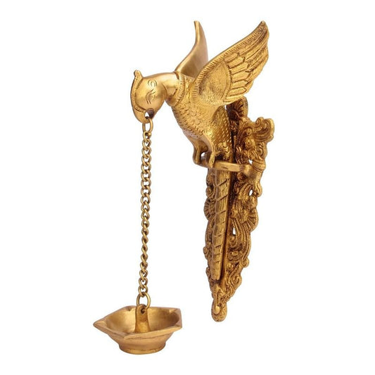 Brass Metal Diya for Home Entrance Decor Puja Room Parrot Hanging Chain Oil Lamp Wall Deepak Showpiece