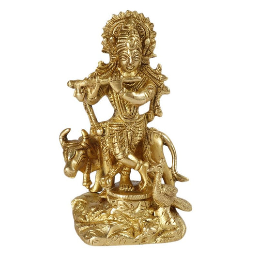 Brass Krishna Bhagwan Idol with Gau Mata in Gold Color Height 4.75 Inch