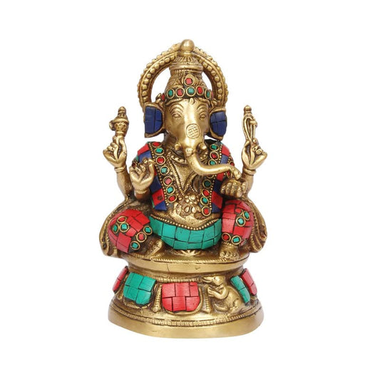 Brass Sitting Ganesha Idol for Mandir in Multicolor for Living Room Height 5.5 Inch Weight 1.4 Kg