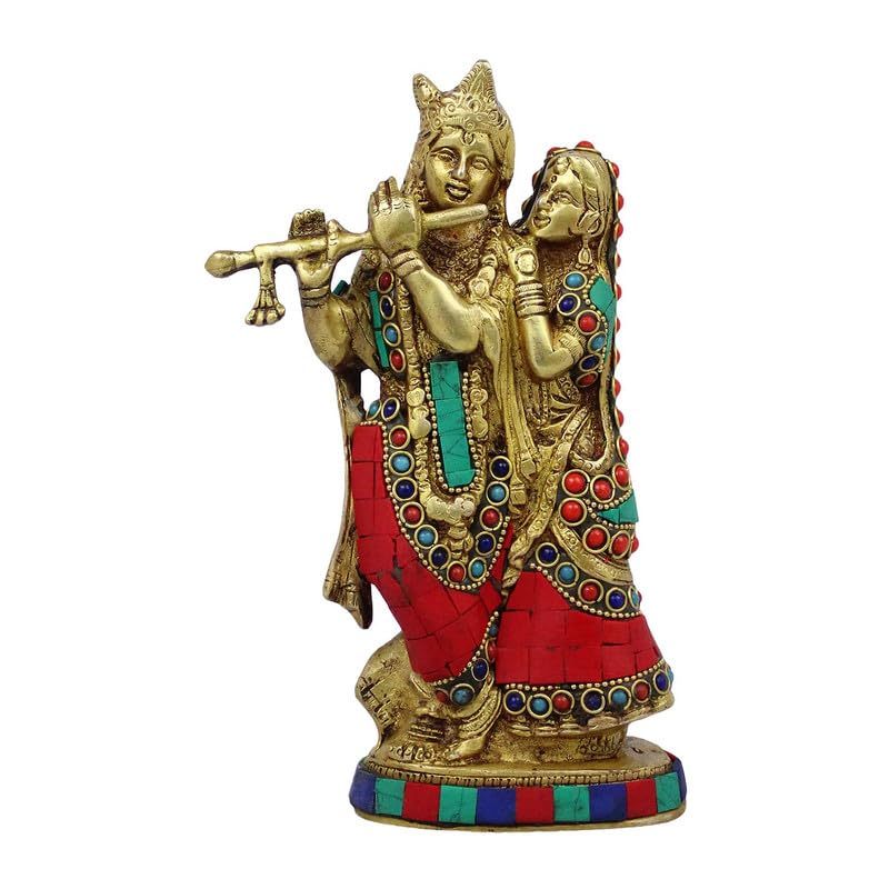 Brass Radha Krishna Idol Statue Playing Flute for Puja Mandir Radha Krishan Murti Sculpture Gift & Home Decor