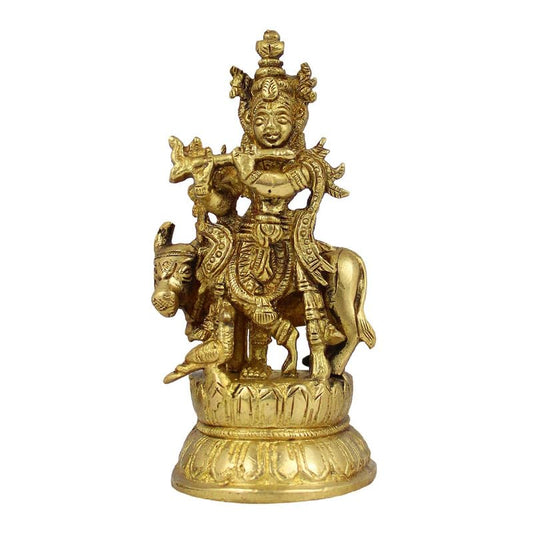 Brass Krishna Bhagwan Idol with Gau Mata in Gold Color Height 4.5 Inch