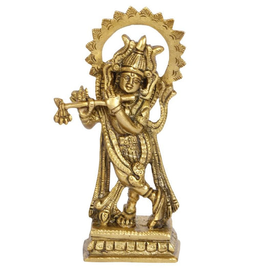 Brass Metal Lord Krishna Idol God of Love Playing Flute Height 4.75-Inch