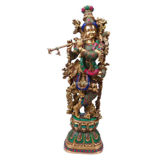 Brass Krishna Standing Murti in Multicolor Height 29 Inch