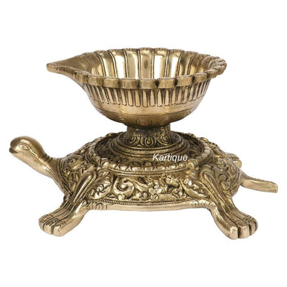 Brass Large Size Diya Deepak: Ideal for Puja Room, featuring a Tortoise (Kachua) Statue