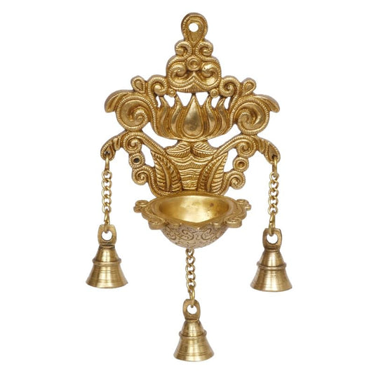 Brass Diya with Three Hanging Bells on Chain: Ideal for Designer Wall Diya, Home and Office Decor