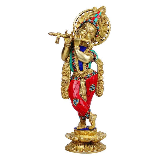 Brass Krishna Statue for Living Room Showpiece in Multi Color Height 12 Inch