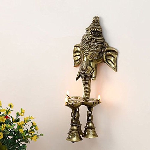 Brass Ganesha Wall Hanging Ganesh Diya with Bells for Home Decor and Diwali Gifts 9.5 Inch Pack of 1 Gold Color